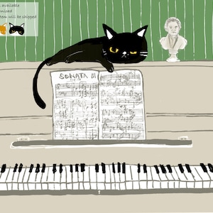 May include: A black cat with yellow eyes sits on a piano with sheet music that reads "SONATA III OP.28". The cat is looking at the sheet music. There is a bust of a person on the piano behind the cat.