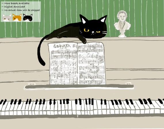 Cat piano music lover digital print printable decor Wall meow art