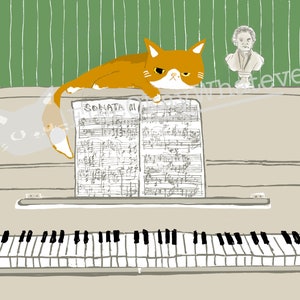 May include: A white grand piano with a sheet of music on the stand that says "Sonata III" and two cats on top of the piano. One cat is orange and white and the other is white and translucent. There is a bust of a person on the wall behind the piano.