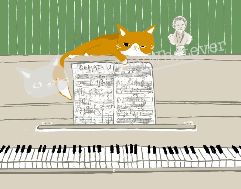 May include: A white grand piano with a sheet of music on the stand that says "Sonata III" and two cats on top of the piano. One cat is orange and white and the other is white and translucent. There is a bust of a person on the wall behind the piano.