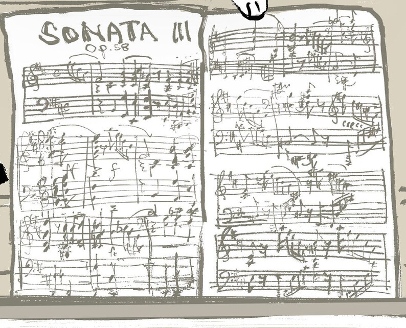 May include: A handwritten musical score with the title "SONATA III Op. 58" at the top of the page. The score is written in black ink on white paper and features a series of musical notes and symbols.
