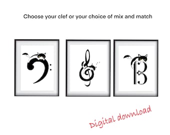 Cat music studio wall print decor treble bass Alto tenor clef digital prints for music lovers