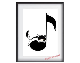 Funny cat on note music piano lesson studio print decor