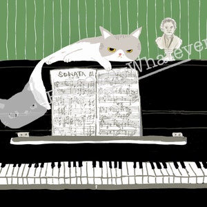 May include: A black and white illustration of a cat sitting on a piano with sheet music that says "SONATA III" and a bust of a person above the piano. The text "Whatever" is written diagonally across the image.