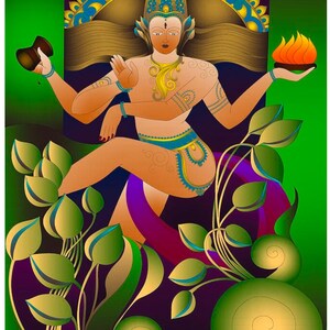 Pode incluir: Uma ilustração digital de uma divindade de quatro braços em pose de dança, segurando um pequeno tambor e uma chama. A figura usa joias ornamentadas e uma coroa, sobre um fundo verde e roxo vibrante com botões de lótus estilizados.