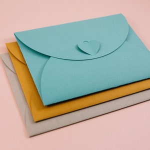Heart clasp envelopes, single or value pack 5, 65-80lb thick cardstock, A2 or #10 size with notecard, handmade stationery, assorted colours