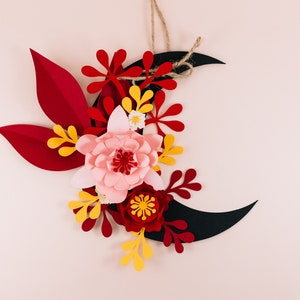 DIY moon flower wreath kit, handmade paper craft kit, 3D decoration, 6in, coloured leaves and flowers, for adults and kids