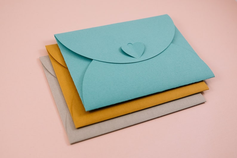 Heart clasp envelopes, value pack of 2 or 5, 65-80lb thick cardstock, A2 or 10 size with notecard, handmade stationery, assorted colours image 1