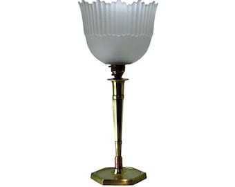 Vintage Art Deco Brass Table Lamp with Frosted Glass Shade – 1930s Geometric Floral Lighting
