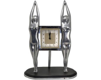 Temco1930s Art Deco chrome spelter lady figure electric clock c 1930. WORKING!