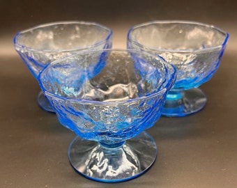 Vintage Champagne / Tall Sherbet Glass Crinkle Blue / Set of 3