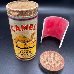Vintage 1940s Camel Cigarettes Tube Patch Kit: Advertising Canister with patch