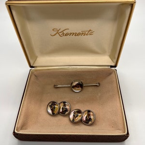 Vintage 1930s Krementz Reverse Painted Horse Head Cufflinks and Tie Pin in Original Box