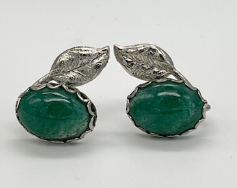 Vintage Silver Leaf and Green Jade Screw Back Earrings