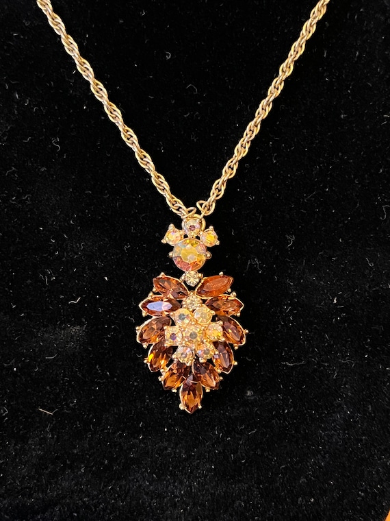 Vintage Crown Trifari Amber Crystal Necklace and … - image 4