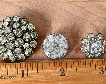 Vintage Rhinestone Buttons, Mixed Lot of 3 (1", 1/2", 1/2")