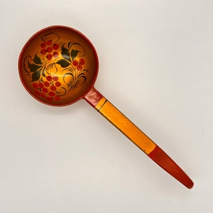 Vintage Wooden Russian Khokhloma Ladle Scoop 10 3/4&quot; - Hand Painted Lacquer Red, Black, Green & Gold