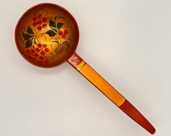 Vintage Wooden Russian Khokhloma Ladle Scoop 10 3/4" - Hand Painted Lacquer Red, Black, Green & Gold