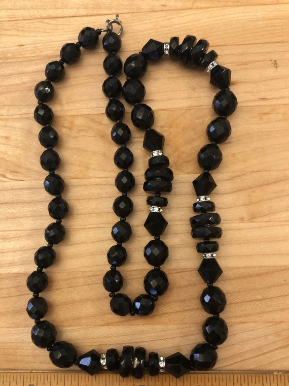 Long Vintage Jet Black Glass Beaded and Rhineston… - image 2