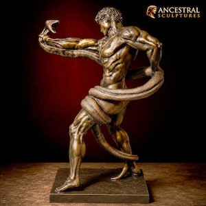 Athlete Wrestling a Python by Frederic Leighton – Dark Antique Bronze Serpent Sculpture