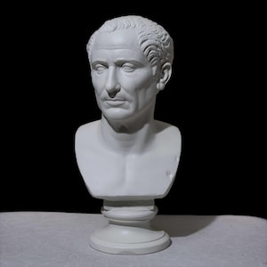 May include: A white bust of a man with short, wavy hair and a stern expression. The sculpture is mounted on a round, pedestal base. The bust is a classical art piece.