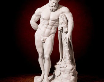 Puede incluir: Una escultura blanca mate de una figura musculosa y barbuda en pose de descanso, apoyada contra un soporte vertical cubierto con una piel de león. La figura tiene abdominales definidos y cabello rizado. El texto ANCESTRAL SCULPTURES es visible.