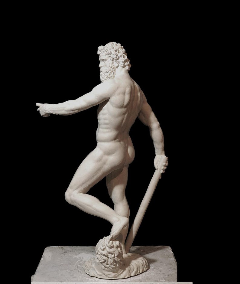 May include: A white plaster sculpture of a nude male figure with a beard and curly hair. The figure is standing with one leg raised and holding a staff in his right hand.