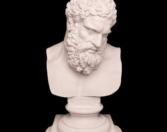 May include: A white stone bust of a bearded man with curly hair, looking downward. The sculpture features detailed facial features and a thick beard. The text "ANCESTRAL SCULPTURES" is visible in the top right corner of the image.
