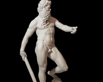May include: A white plaster statue of a nude male figure with a beard and long hair. The figure is standing with one leg raised and holding a staff in his left hand.