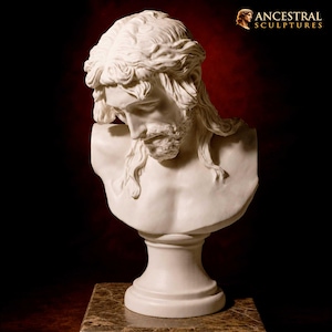 May include: A white bust sculpture depicting a figure with long wavy hair and a beard, head tilted downward. The sculpture is mounted on a pedestal base. The text ANCESTRAL SCULPTURES is visible in the upper right corner of the image.