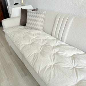 May include: A cream-colored sofa with a tufted seat cushion and two decorative pillows. One pillow is brown, and the other has a white and tan zigzag pattern. A vase of dried flowers sits on a table in the background.