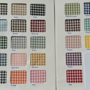 May include: A color chart of 20 different gingham fabrics. The fabrics are arranged in four rows of five squares each. The colors include: Anthracite, Beige, Black, Blue, Brown, Burgundy, Emerald, Gray, Green, Indigo, Light Pink, Mustard, Navy Blue, Orange, Pink, Plum, Powder, Purple, Red, Sax Blue, Turquoise, and Yellow.