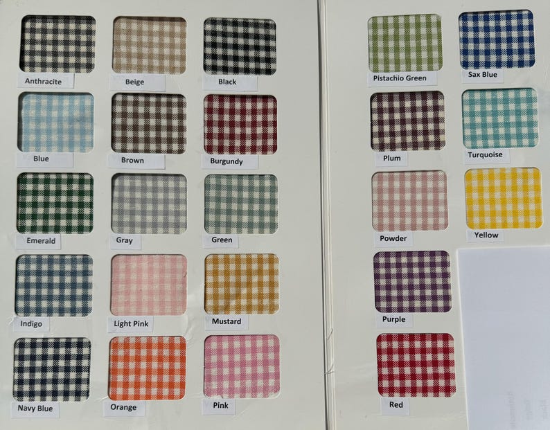 May include: A color chart of 20 different gingham fabrics. The fabrics are arranged in four rows of five squares each. The colors include: Anthracite, Beige, Black, Blue, Brown, Burgundy, Emerald, Gray, Green, Indigo, Light Pink, Mustard, Navy Blue, Orange, Pink, Plum, Powder, Purple, Red, Sax Blue, Turquoise, and Yellow.