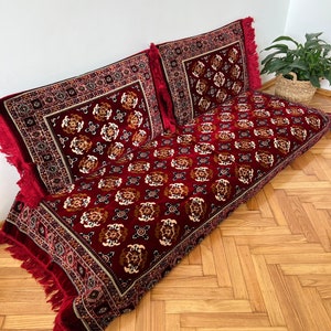 Floor Seating Sofa cover,3 Piece Set 1x Bed + 2x Cushion cover,Vellet Padded Mat,Arabic Majlis Sofa Set Removable Zippered Cover,Red,Rug