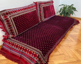 Floor Seating Sofa cover,3 Piece Set 1x Bed + 2x Cushion cover,Vellet Padded Mat,Arabic Majlis Sofa Set Removable Zippered Cover,Red,Rug