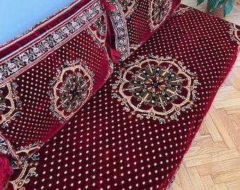 Floor Seating Sofa cover,3 Piece Set 1x Bed + 2x Cushion cover,Vellet Padded Mat,Arabic Majlis Sofa Set Removable Zippered Cover,Red,Rug