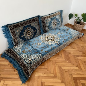 Arabic Sofa Set,Royal Blue Sectional Sofas,Floor Cushions,Pouffs Turkish Floor Seating Sofa cover,3 Piece Set 1x Bed + 2x Cushion cover