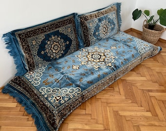 Arabic Sofa Set,Royal Blue Sectional Sofas,Floor Cushions,Pouffs Turkish Floor Seating Sofa cover,3 Piece Set 1x Bed + 2x Cushion cover