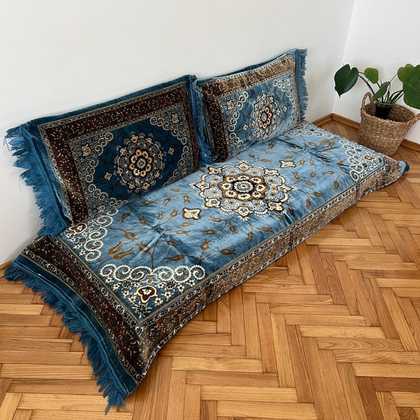 Arabic Sofa Set,Royal Blue Sectional Sofas,Floor Cushions,Pouffs Turkish Floor Seating Sofa cover,3 Piece Set 1x Bed + 2x Cushion cover