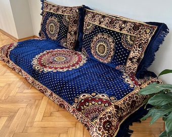 Navy Blue Arabic Sofa Cover: 3 Piece Set 1x Bed + 2x Pillow, Removable Zippered Covering