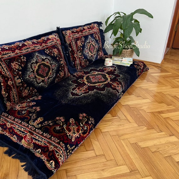 Navy Blue Arabic Sofa Cover: 3 Piece Set 1x Bed + 2x Pillow, Removable Zippered Covering