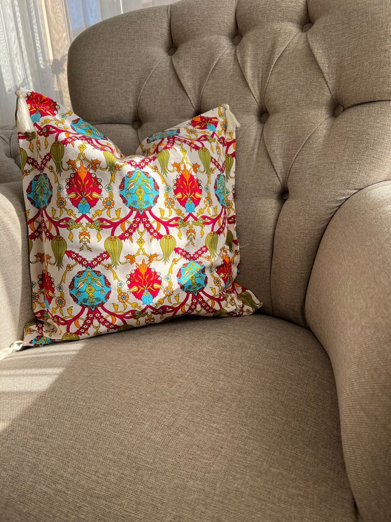 Turkish Fabric Pillow 18x18, Beige Tulip Pattern Decorative Ottoman Fabric  Pillow
