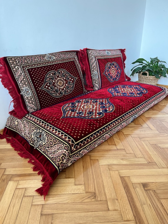 Buy Floor Seating Sofa Cover 3 Piece Set 1x Bed 2x Cushion Cover vellet Padded Mat arabic Majlis Sofa Set Removable Zippered Cover red rug Online in India Etsy