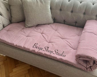 Burgundy Plaid Sofa Pad Cover: Cotton Pet Furniture Protector, Sofa Topper Covering for Pets