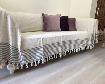 Beige Woven Cotton Sofa Cover: Natural Linen Bed Native