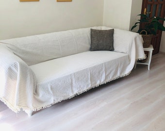 Woven Cotton Sofa Cover: Natural Linen Bed , Native Slipcovers, Textile Couch, Cotton Seat Covering