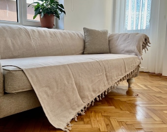 Woven Cotton Sofa Cover: Natural Linen Bed , Native Slipcovers, Textile Couch, Cotton Seat Covering