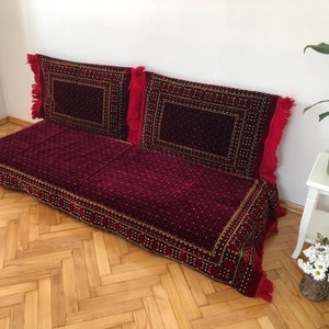 Red Floor Seating Sofa cover,3 Piece Set 1x Bed + 2x Cushion cover,Vellet Padded Mat,Arabic Majlis Sofa Set Removable Zippered Cover,Red,Rug
