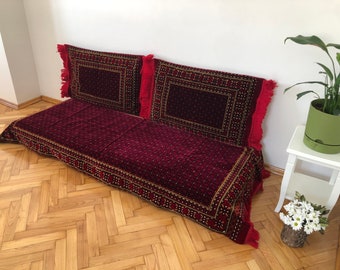 Red Floor Seating Sofa cover,3 Piece Set 1x Bed + 2x Cushion cover,Vellet Padded Mat,Arabic Majlis Sofa Set Removable Zippered Cover,Red,Rug