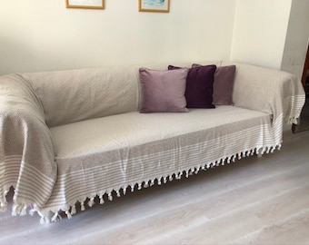 Latte Woven Cotton Sofa Cover: Natural Linen Bed , Native Slipcovers, Textile Couch, Seat Covering